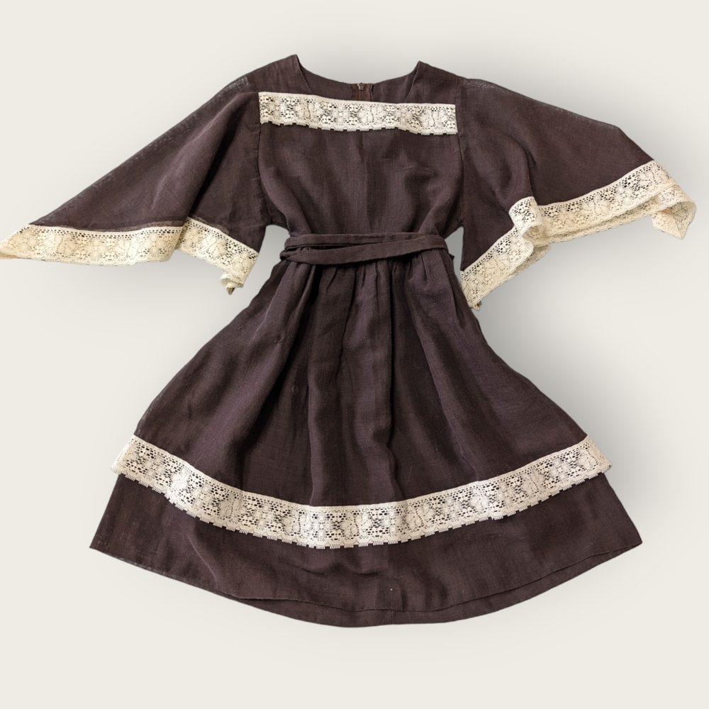 American Vintage 70s Brown Kim Originals  Little Girl Brown Cottage Boho Dress